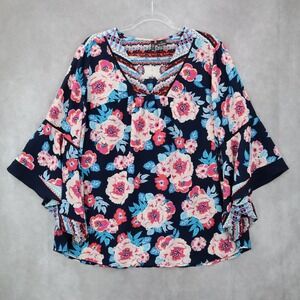 New Direction Boho‎ Floral Blouse Bell Sleeve V-Neck Tunic Top Navy Pink Plus 2X